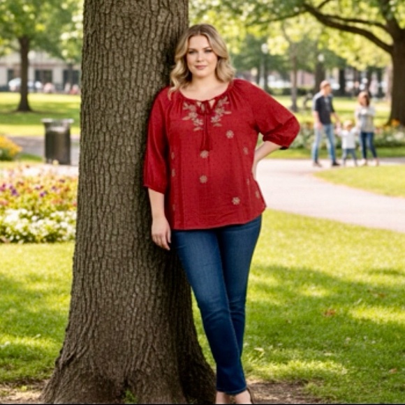 Anthropologie Skies Are Blue Red Floral Peasant Top - Picture 5 of 13